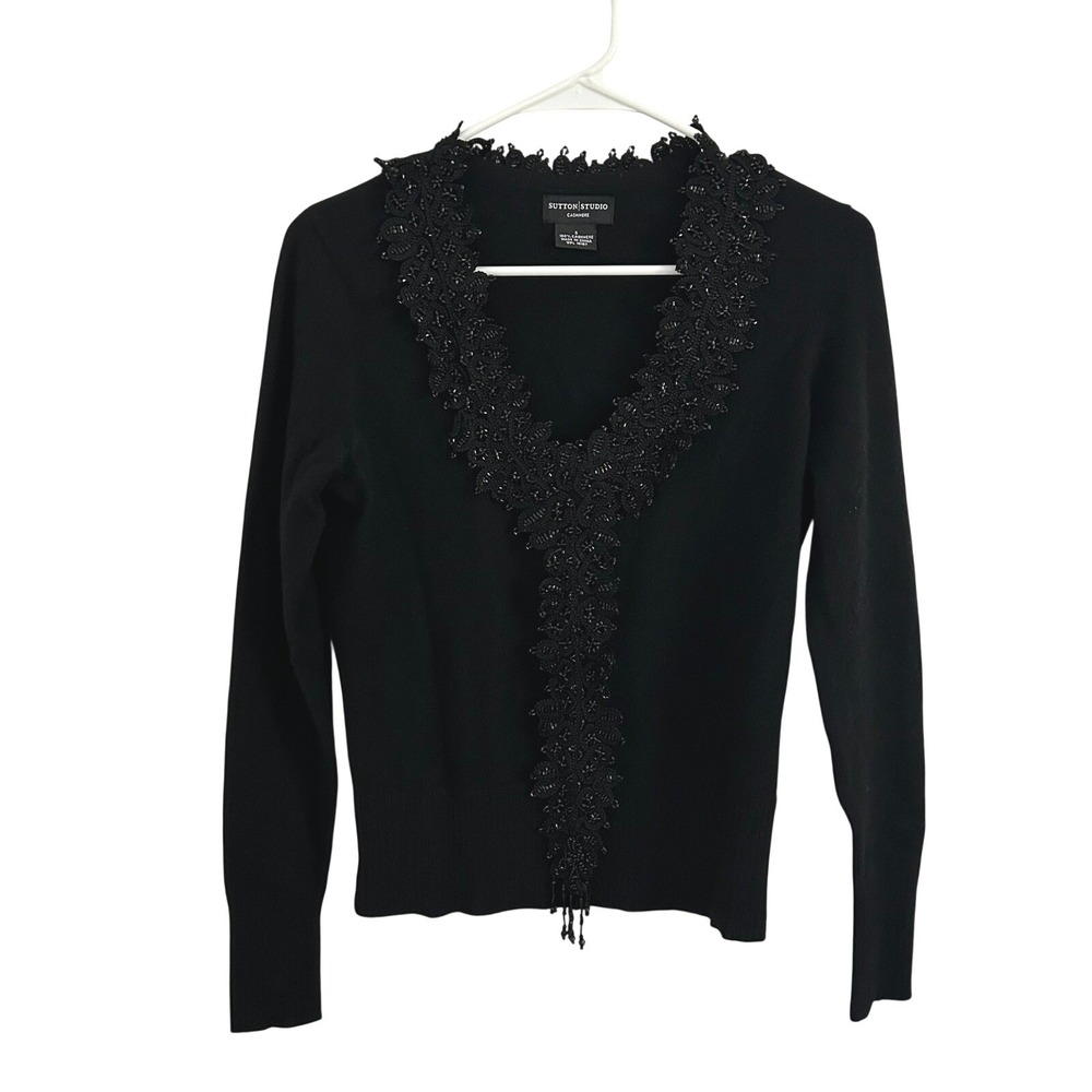 Sutton Studio Womens Black Beaded V-Neck Cashmere Sweater S Small Holiday